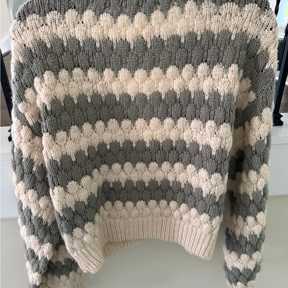 Rylee + Cru Chunky Striped V‑Neck Cardigan Sweater - Cream & Olive - Picture 3 of 3
